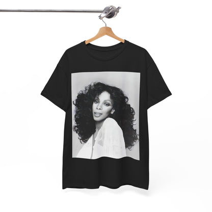 A black graphic t-shirt featuring a black and white portrait photo of Donna Summer.