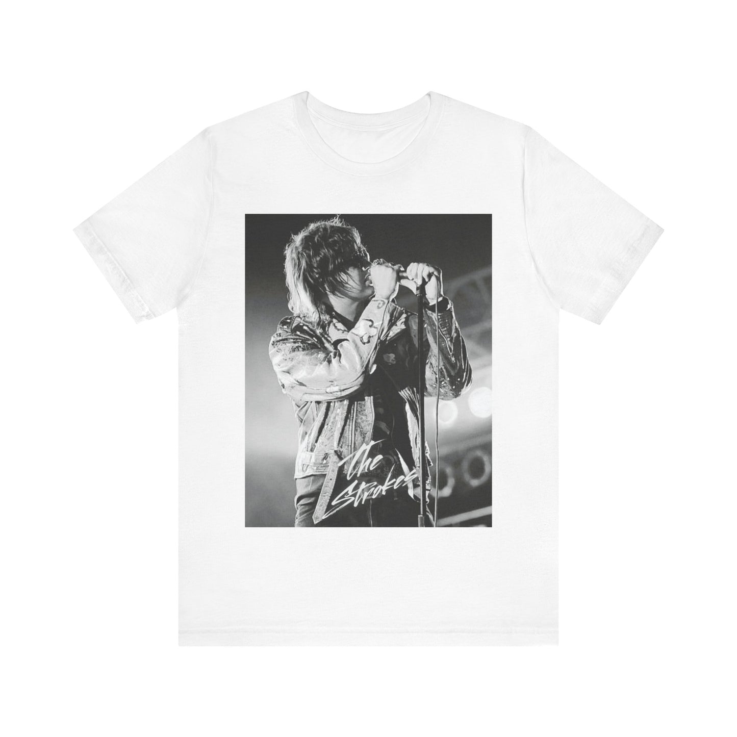 A black graphic t-shirt featuring a vintage graphic related to The Strokes' 'Last Nite' song or era.