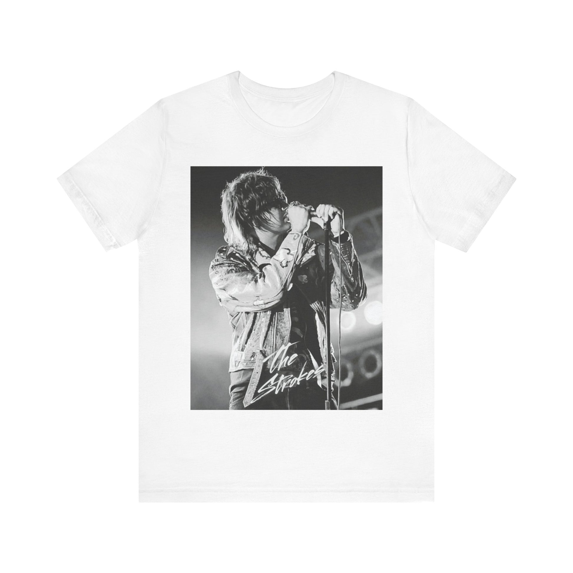 A black graphic t-shirt featuring a vintage graphic related to The Strokes' 'Last Nite' song or era.