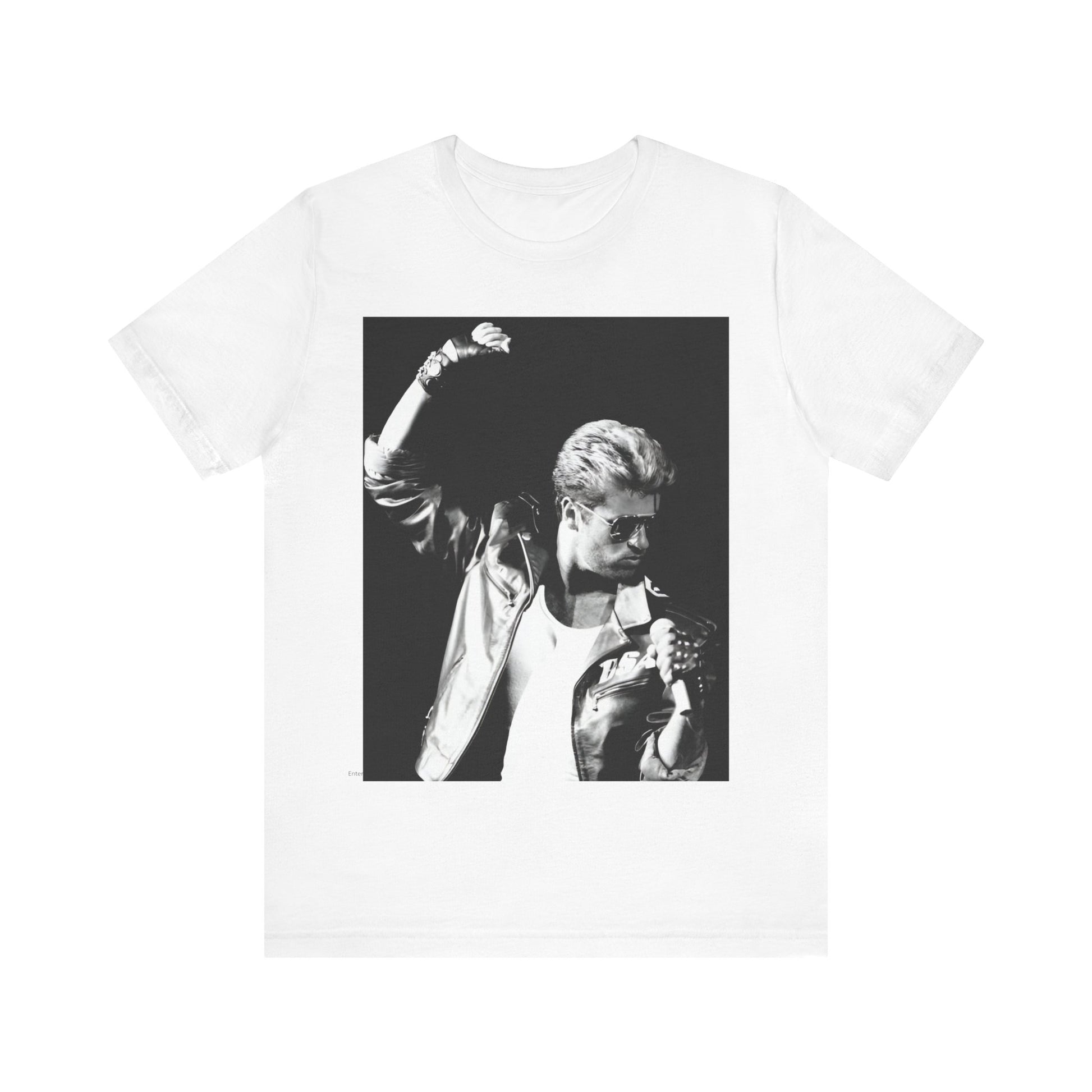 A black graphic t-shirt featuring a black and white photo of George Michael from his 'Faith' album era.