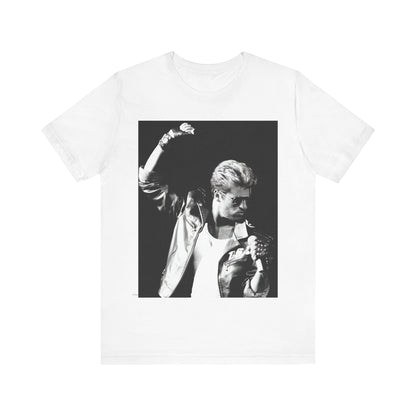 A black graphic t-shirt featuring a black and white photo of George Michael from his 'Faith' album era.