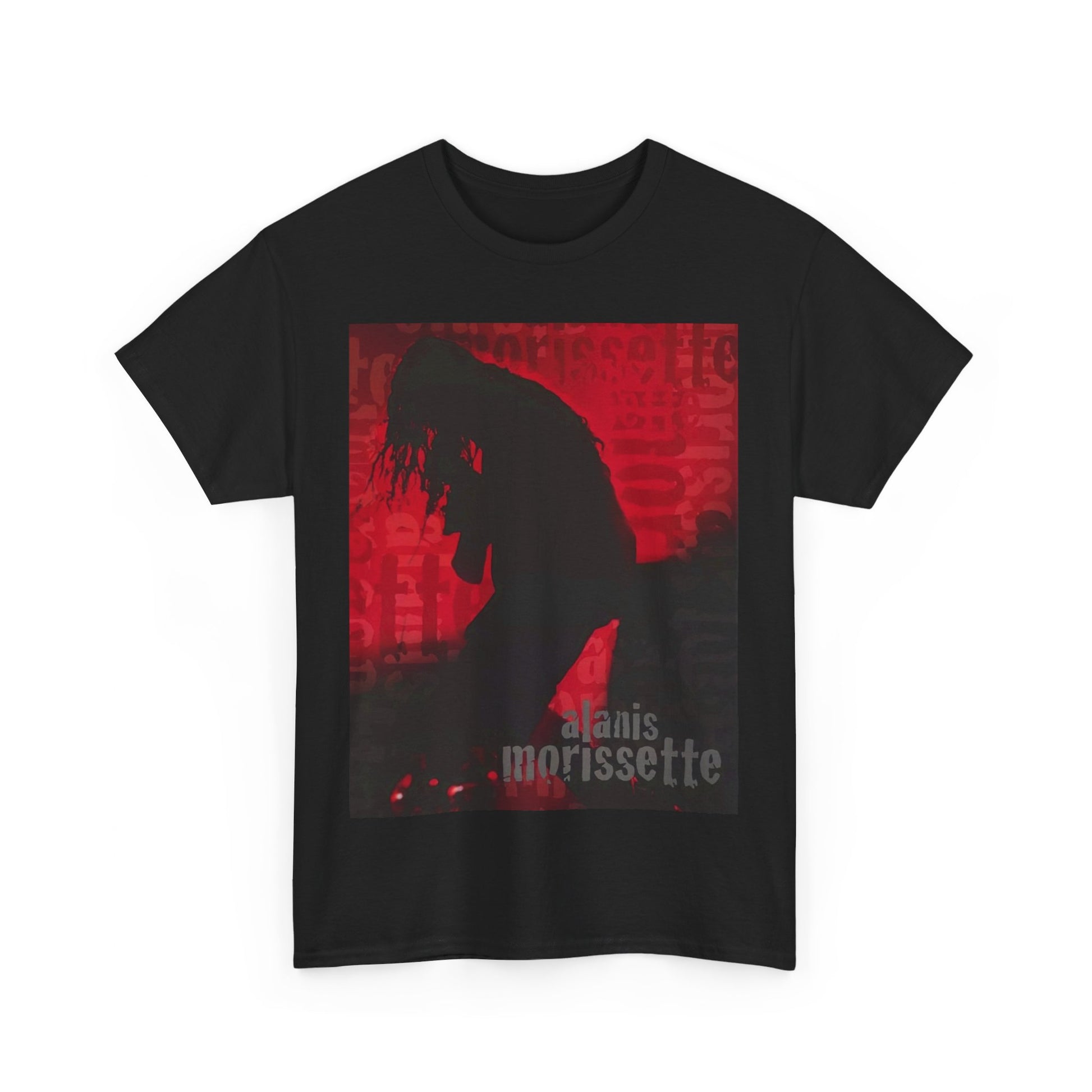 A black graphic t-shirt featuring a promotional graphic for an Alanis Morissette tour from the 2000s, possibly with stylized text and band imagery.