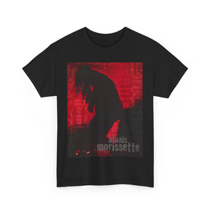 A black graphic t-shirt featuring a promotional graphic for an Alanis Morissette tour from the 2000s, possibly with stylized text and band imagery.