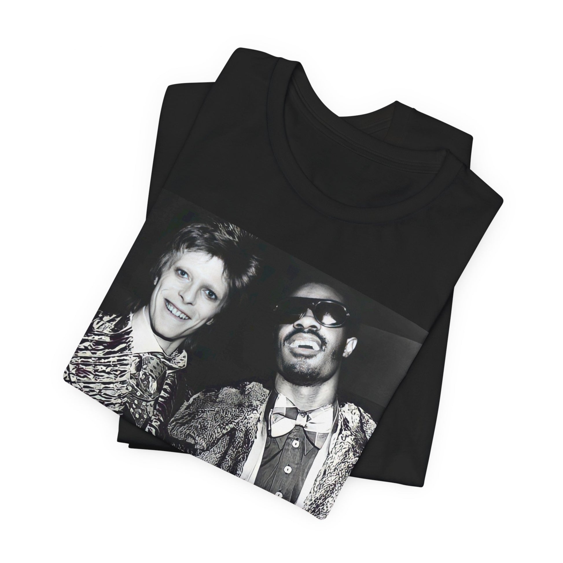 A black graphic t-shirt featuring a retro graphic of Stevie Wonder and David Bowie together.