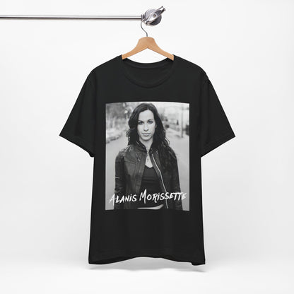 A black graphic t-shirt featuring a black and white photo of Alanis Morissette from 1998, showing her with a poised or thoughtful expression.