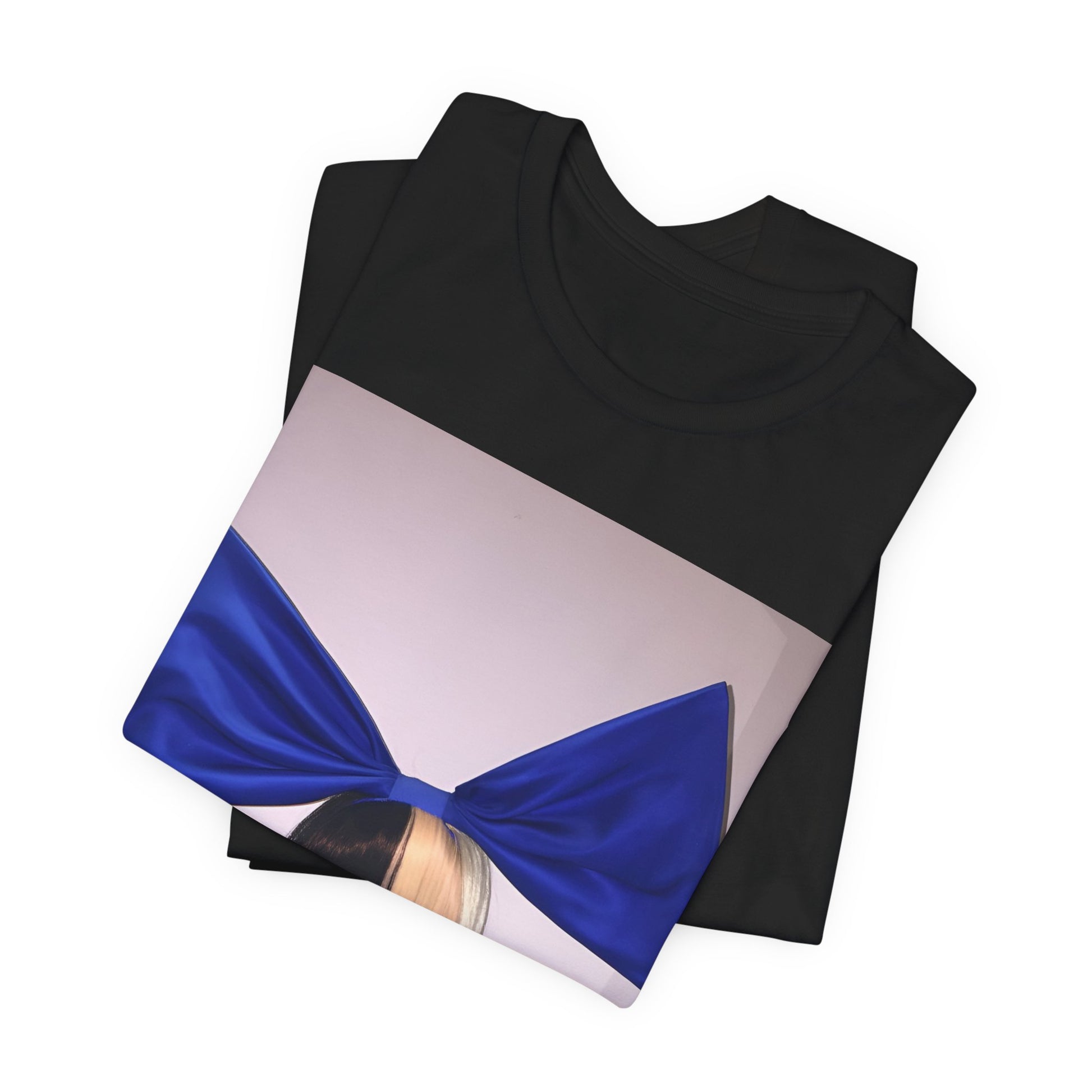 A black graphic t-shirt featuring a graphic of Sia with her iconic wig, in an aesthetic style.