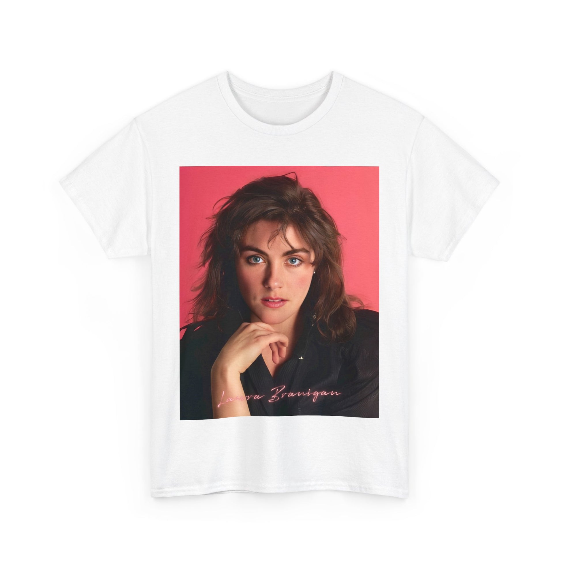 A black graphic t-shirt featuring a vintage 80s pop diva graphic of Laura Branigan.