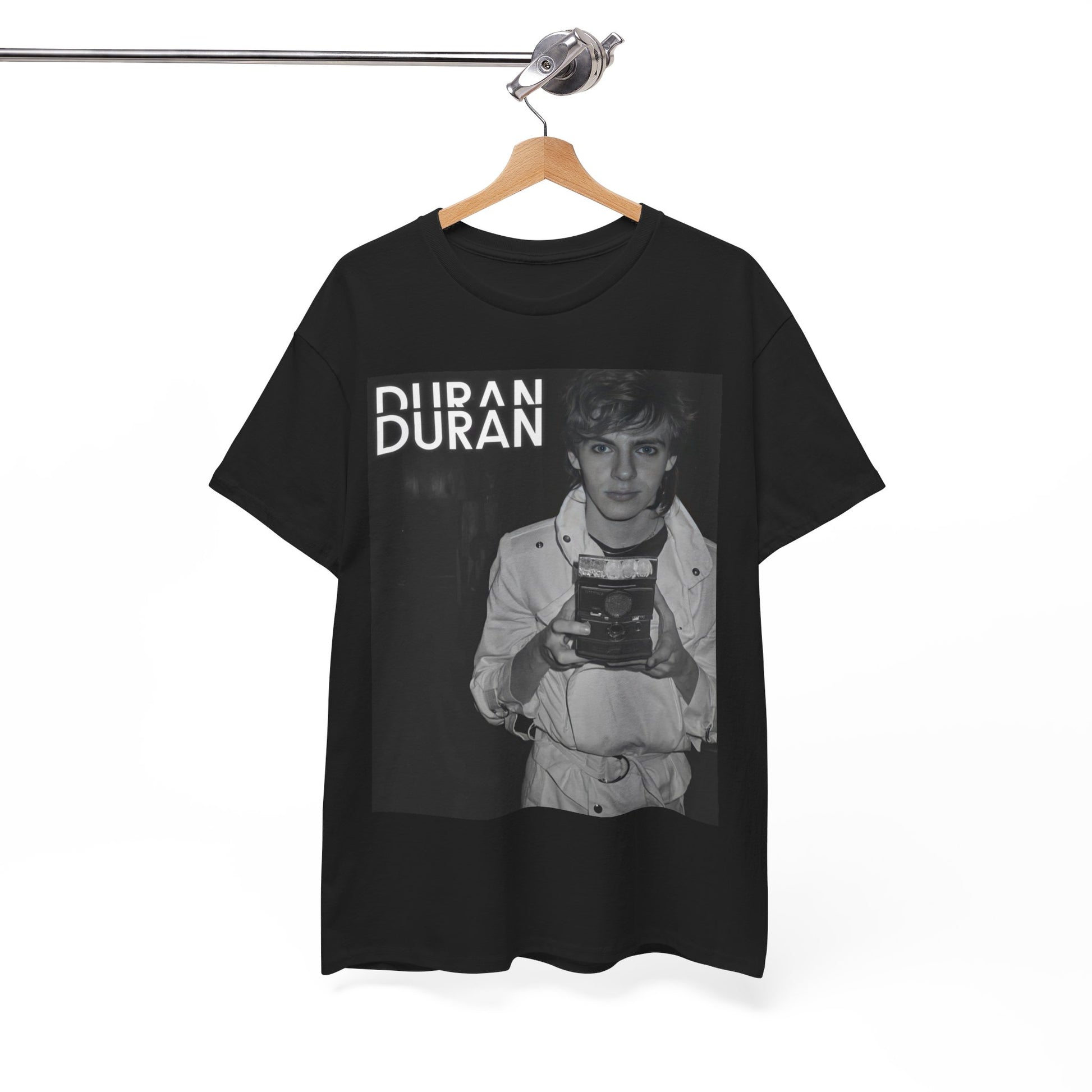 A black graphic t-shirt featuring an 80s black and white Polaroid-style photo of Duran Duran.