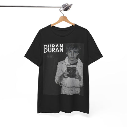 A black graphic t-shirt featuring an 80s black and white Polaroid-style photo of Duran Duran.