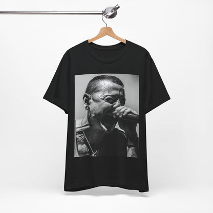 A black graphic t-shirt featuring a fierce graphic of Linkin Park performing live on stage.