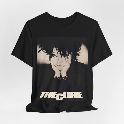 A black graphic t-shirt featuring a graphic of The Cure with cool new wave vibes.