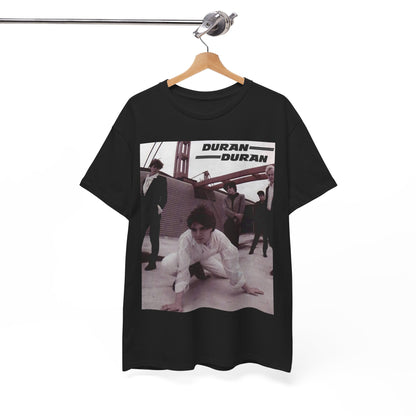 A black graphic t-shirt featuring a graphic related to Duran Duran's 'Hungry Like the Wolf' song or era.