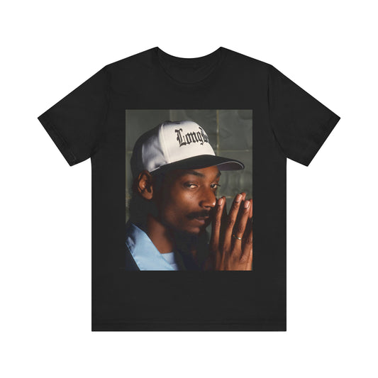 A black graphic t-shirt featuring a graphic of Snoop Dogg with a boxy 'Doggfather' vibe.