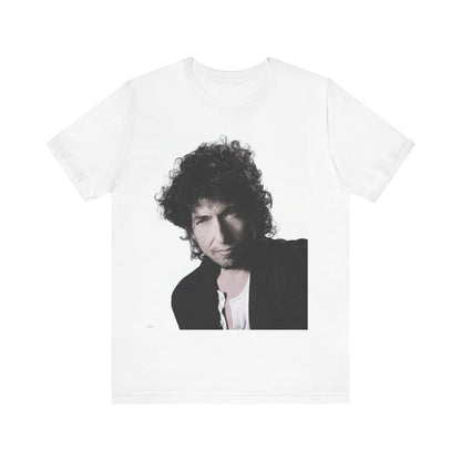 A black graphic t-shirt featuring a timeless folk rock graphic of Bob Dylan, possibly with his guitar or harmonica.