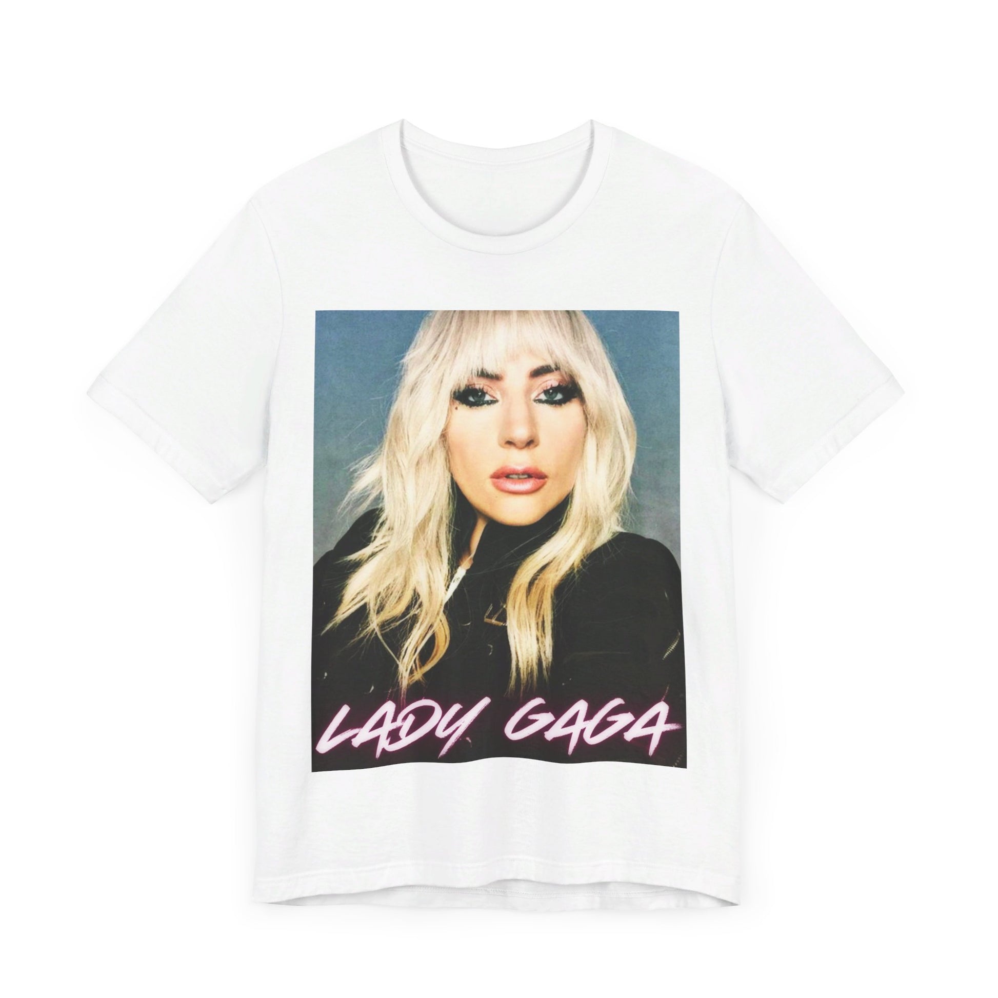 A black graphic t-shirt featuring a casual pop fan graphic of Lady Gaga.