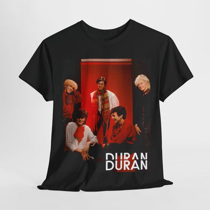 A black graphic t-shirt featuring an 80s aesthetic pop graphic of Duran Duran.