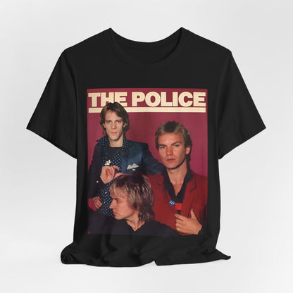 A black graphic t-shirt featuring a minimalist graphic of The Police as a power trio.