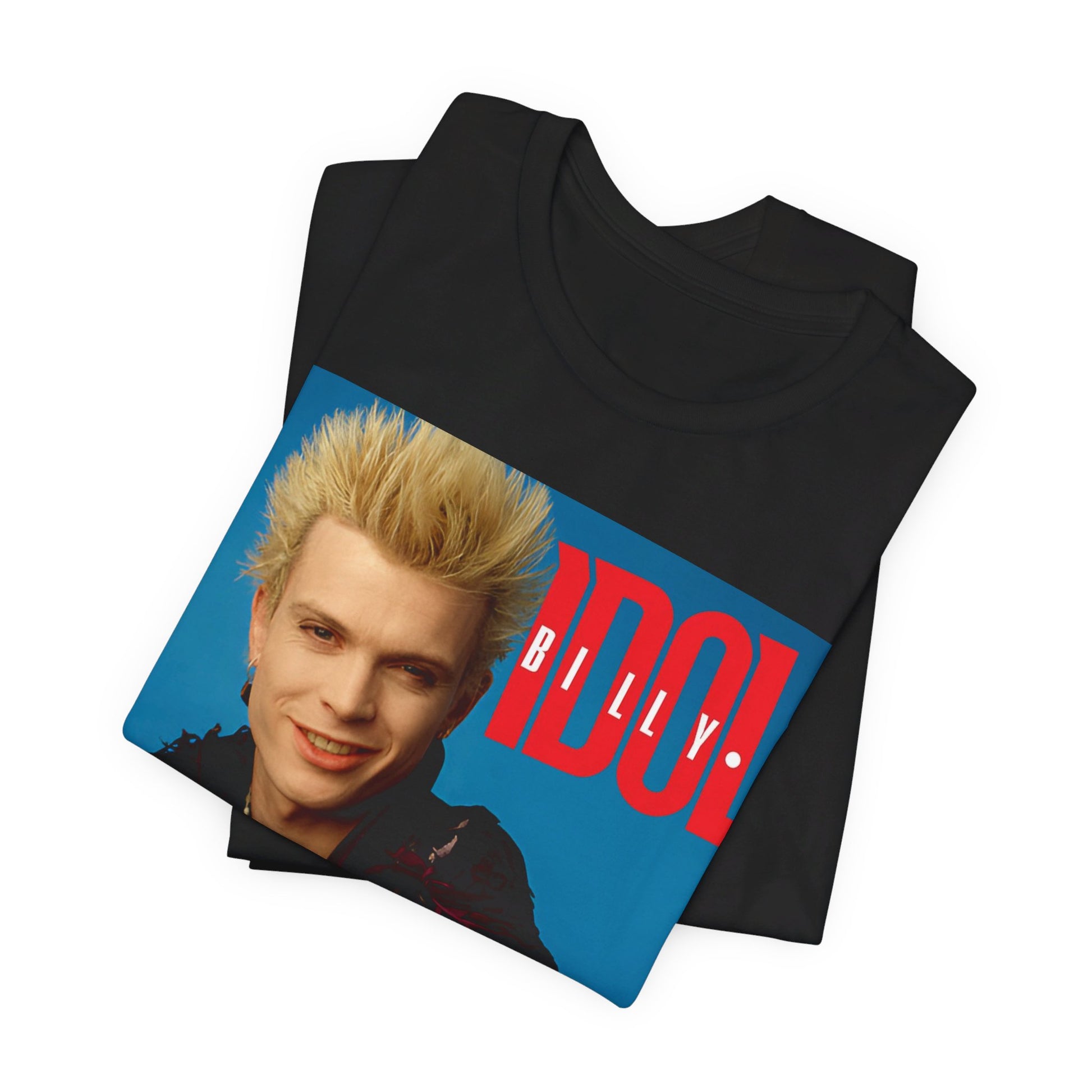 A black graphic t-shirt featuring a casual graphic inspired by Billy Idol's 'Rebel Yell' album or era.