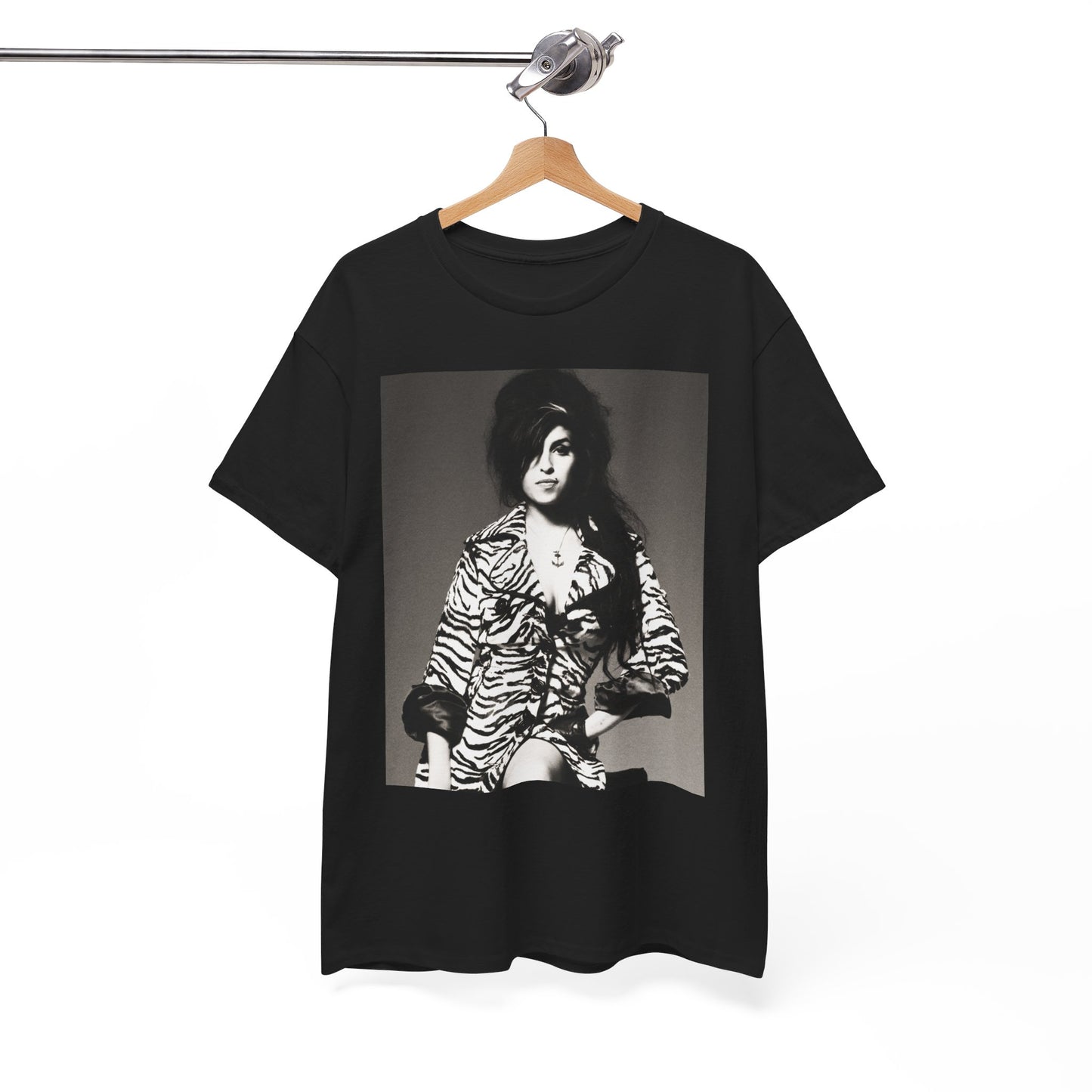 A black graphic t-shirt featuring a vintage black and white portrait of Amy Winehouse, showing her with her signature beehive and soulful expression.