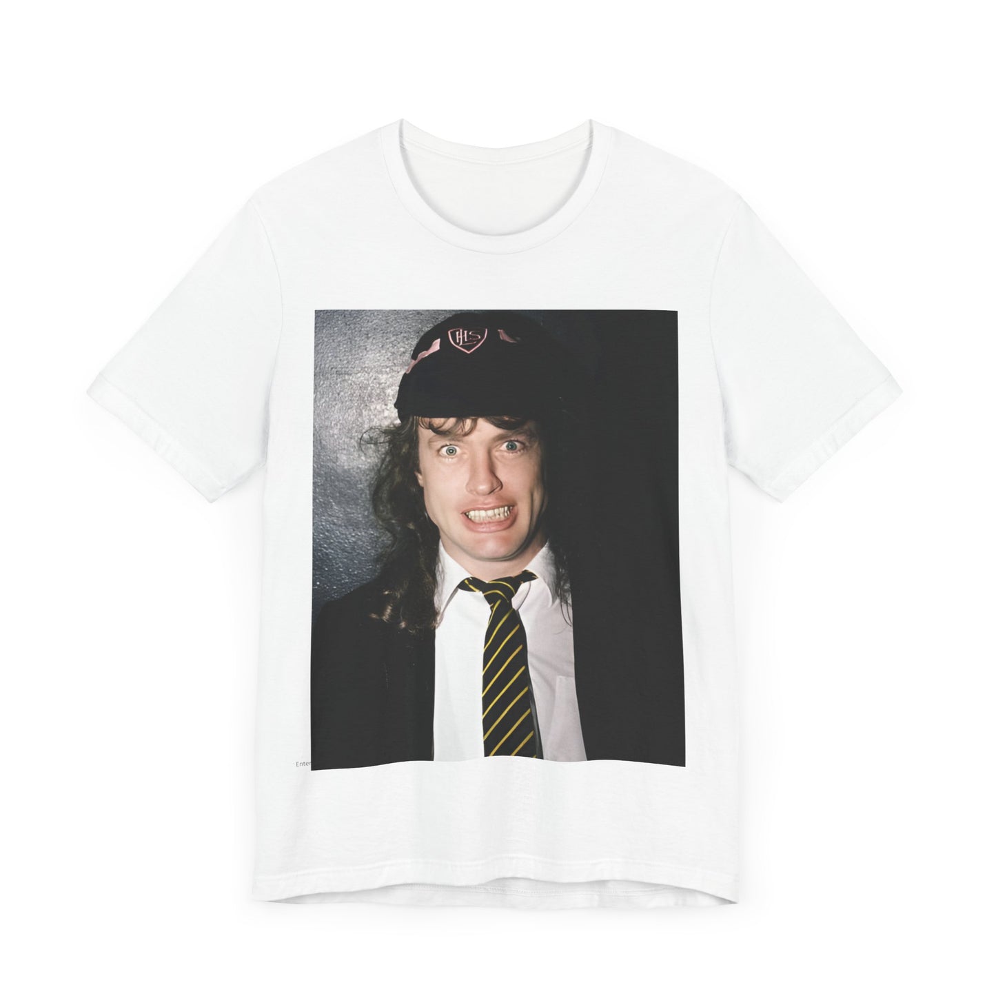 A black vintage-style graphic t-shirt featuring a stylized image of AC/DC's Angus Young playing guitar, with a distressed or retro aesthetic.