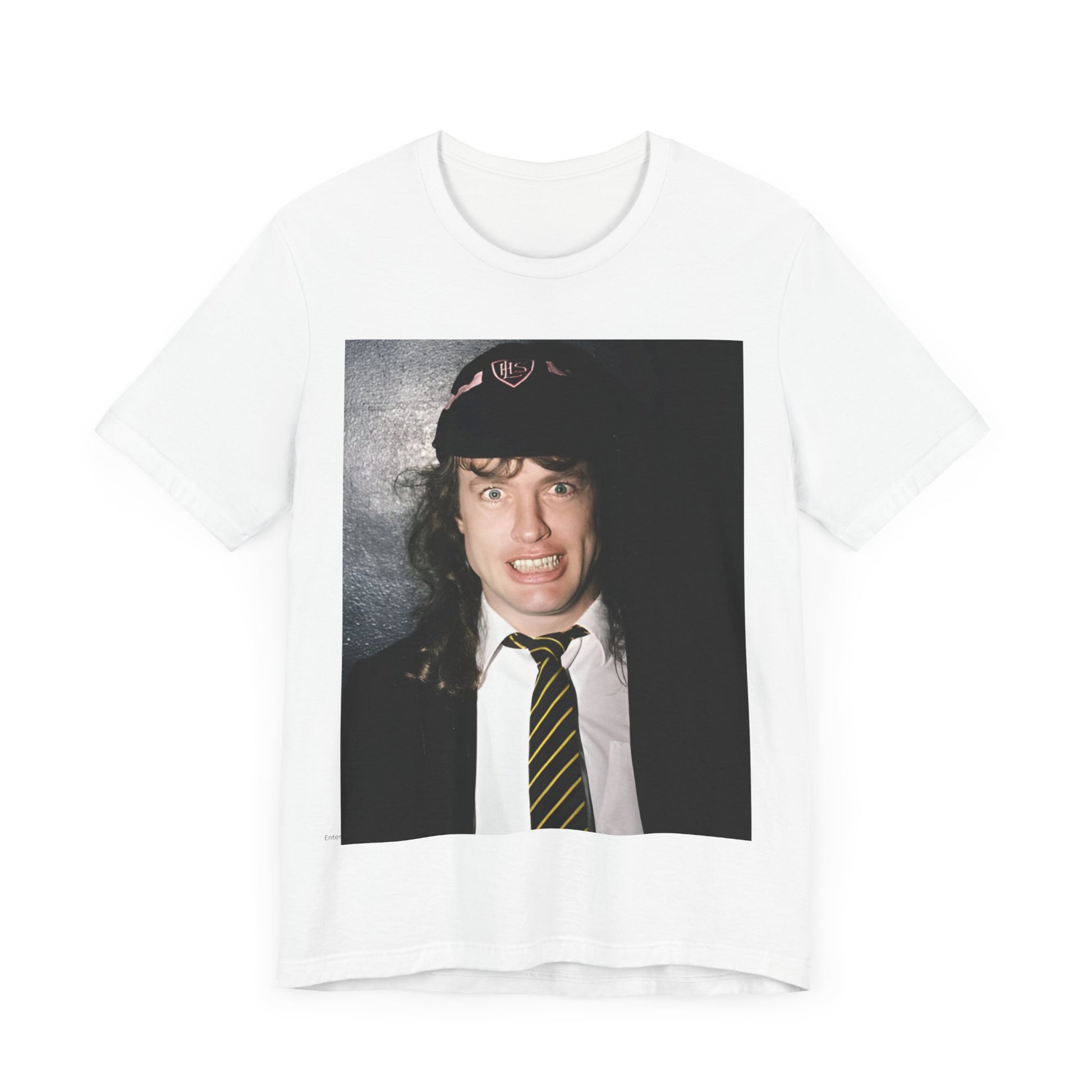 A black vintage-style graphic t-shirt featuring a stylized image of AC/DC's Angus Young playing guitar, with a distressed or retro aesthetic.