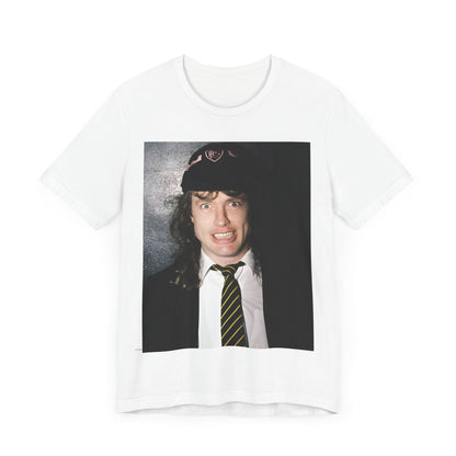 A black vintage-style graphic t-shirt featuring a stylized image of AC/DC's Angus Young playing guitar, with a distressed or retro aesthetic.