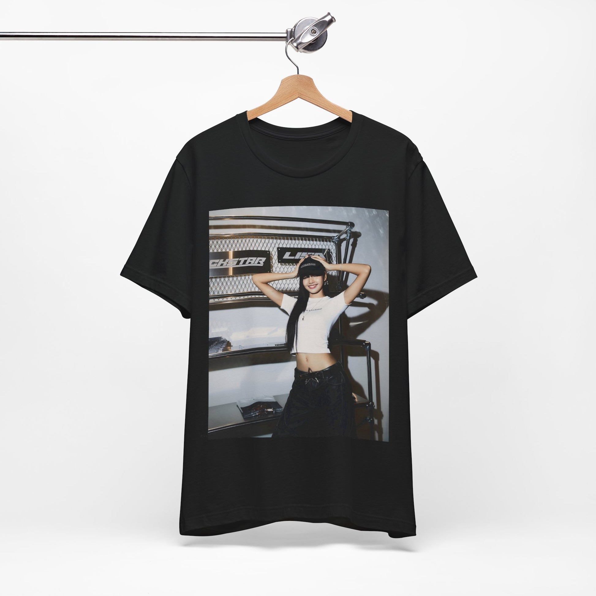 A black graphic t-shirt featuring a graphic of Lisa as a street K-Pop style queen.