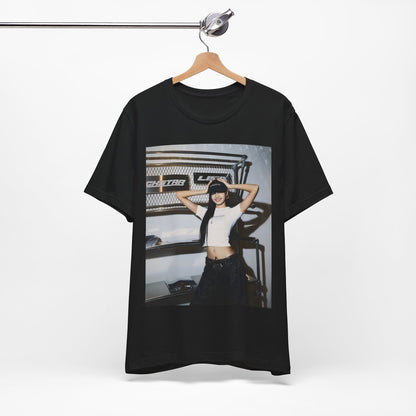 A black graphic t-shirt featuring a graphic of Lisa as a street K-Pop style queen.