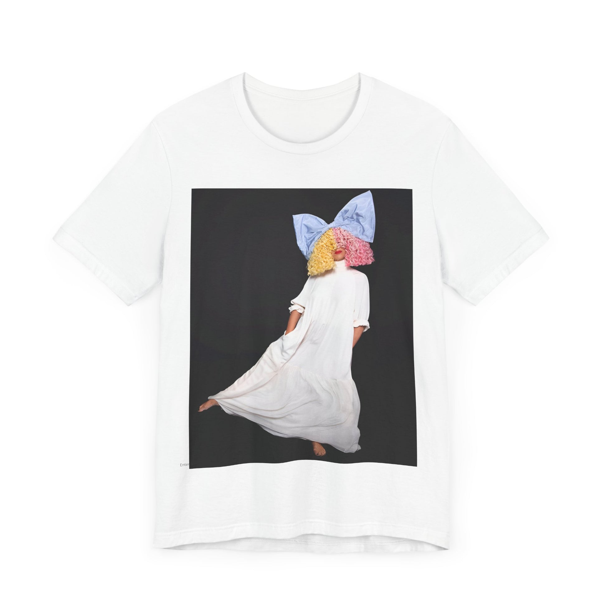 A black graphic t-shirt featuring a vintage pop icon graphic of Sia.