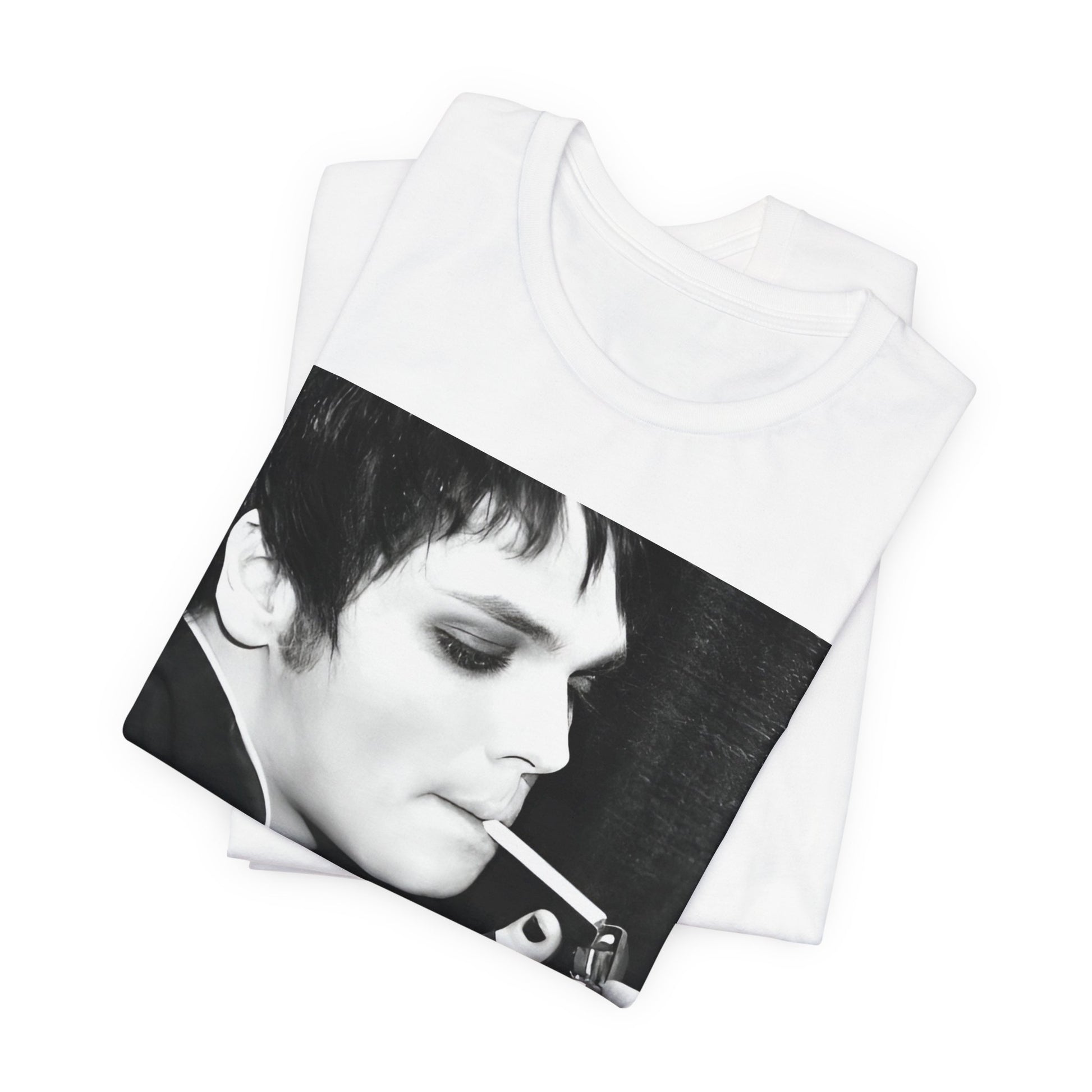 A black graphic t-shirt featuring a black and white graphic or photo of My Chemical Romance in a backstage setting.