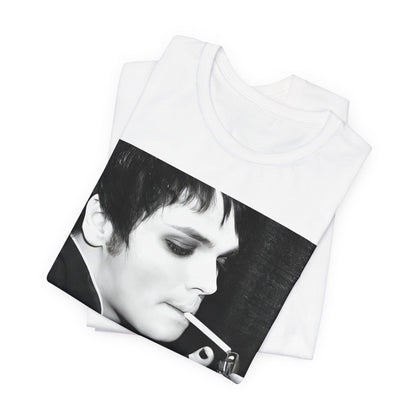 A black graphic t-shirt featuring a black and white graphic or photo of My Chemical Romance in a backstage setting.
