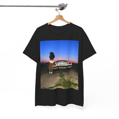 A black graphic t-shirt featuring a vintage alt R&B graphic of SZA.