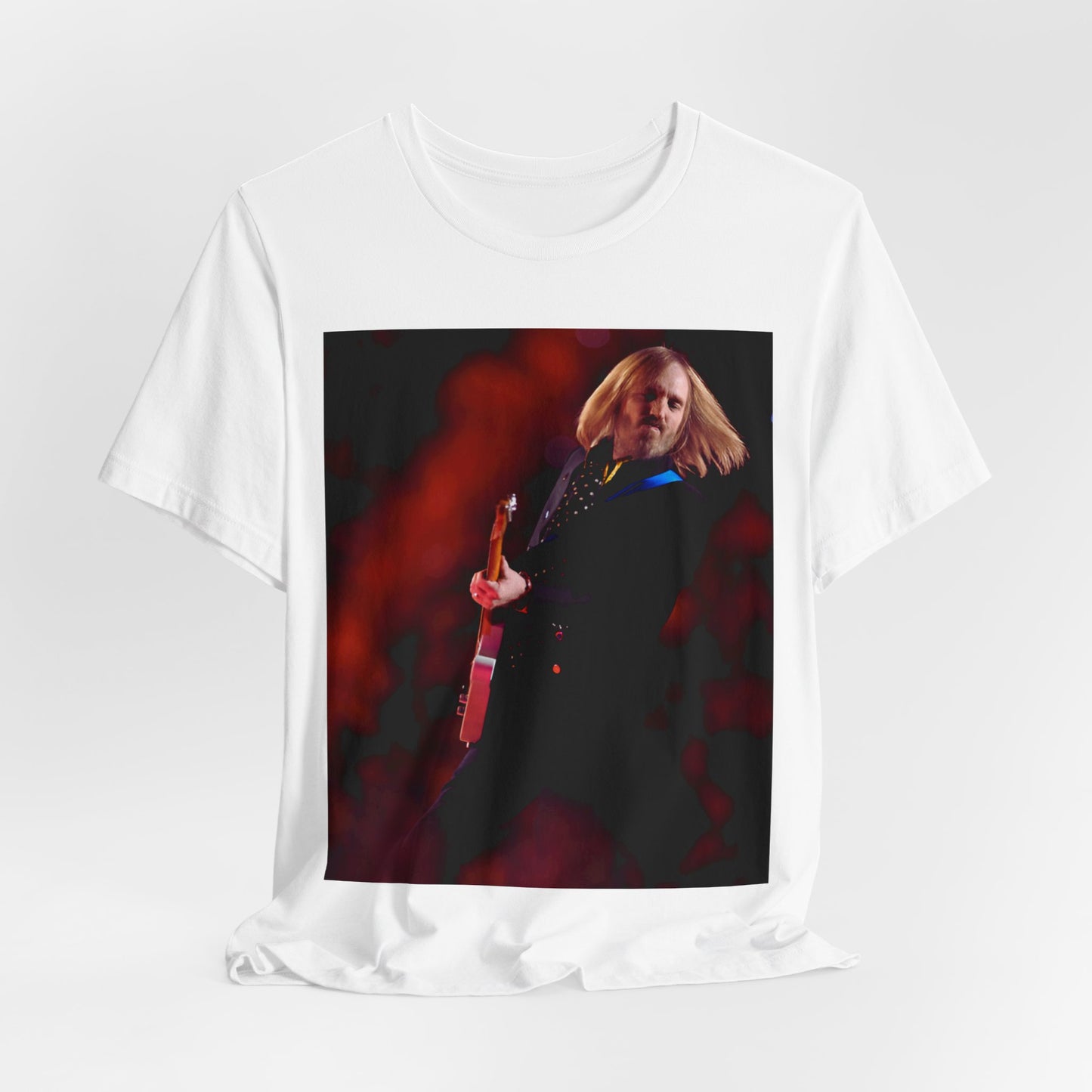 A black graphic t-shirt featuring a graphic or photo of Tom Petty as a powerhouse live performer.