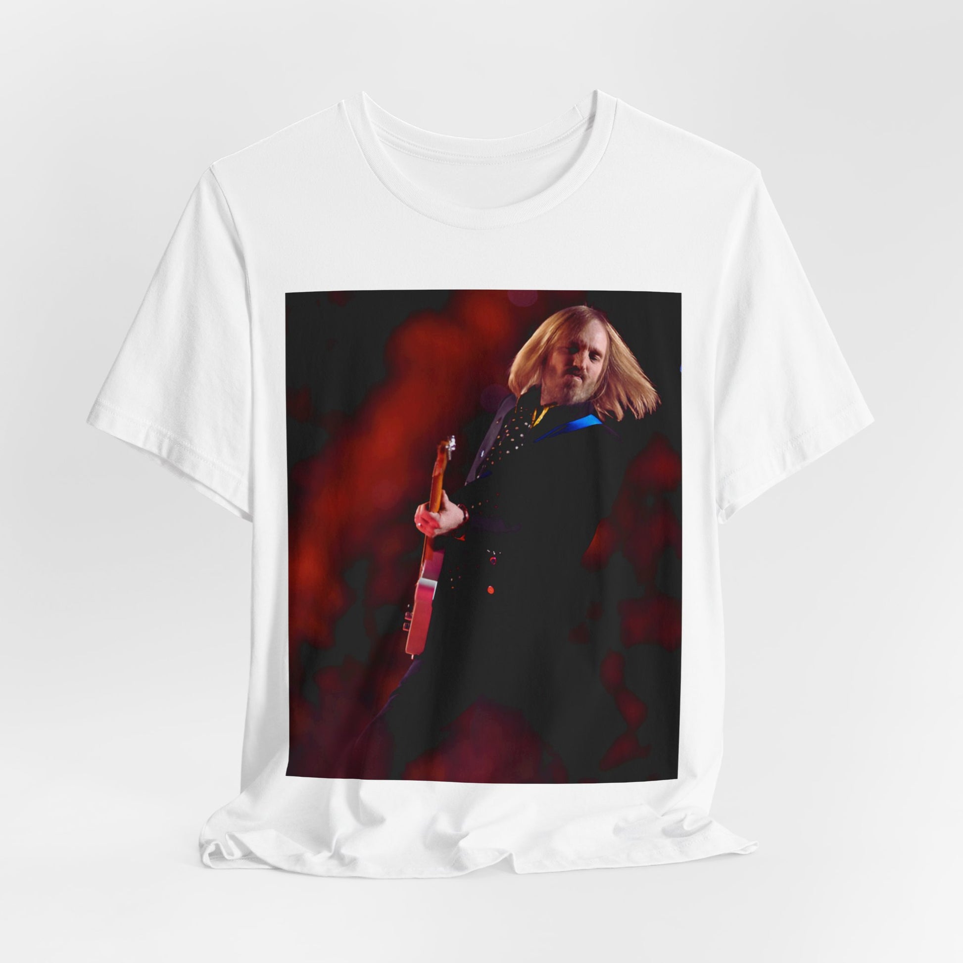 A black graphic t-shirt featuring a graphic or photo of Tom Petty as a powerhouse live performer.