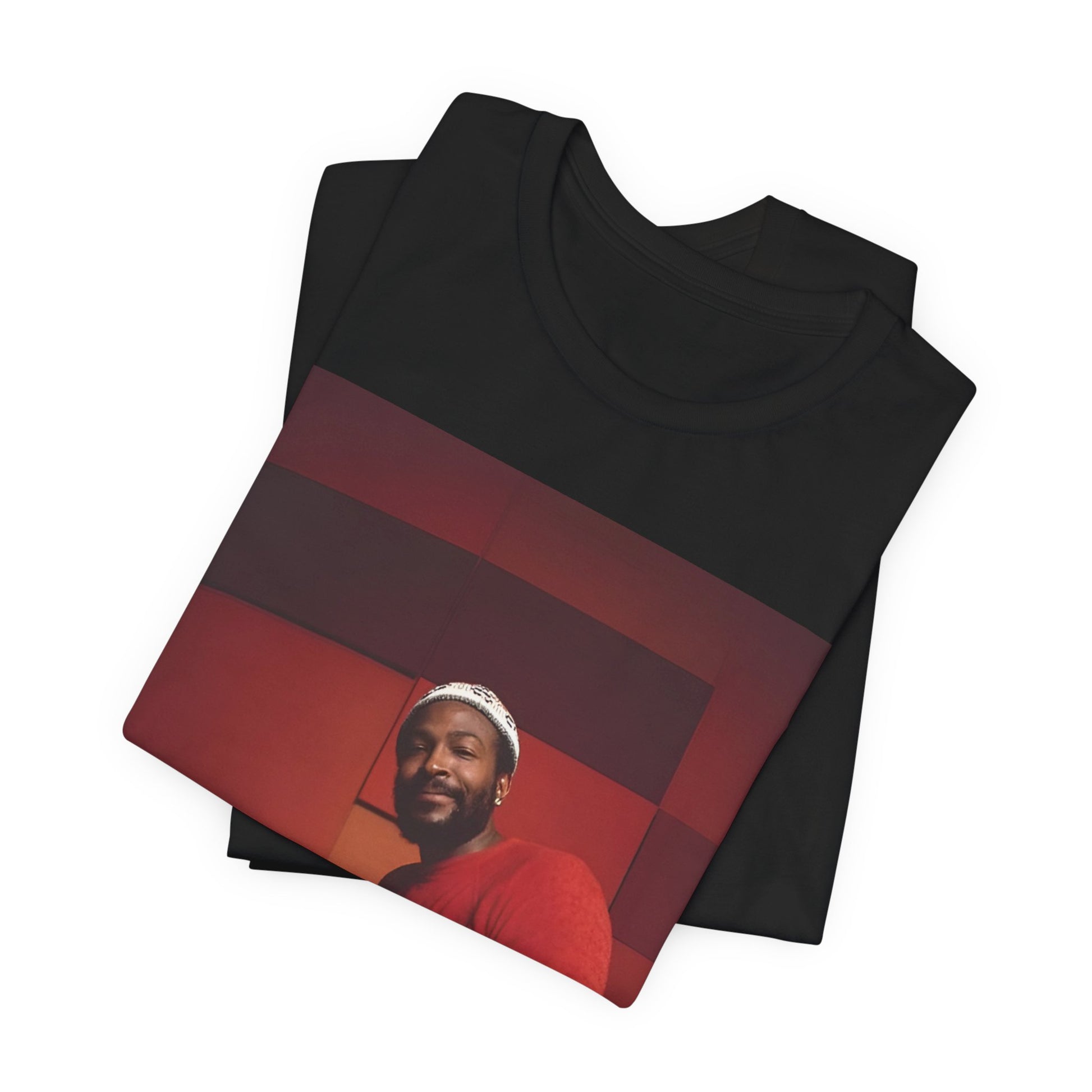 A black graphic t-shirt featuring a retro photo of Marvin Gaye playing the piano.