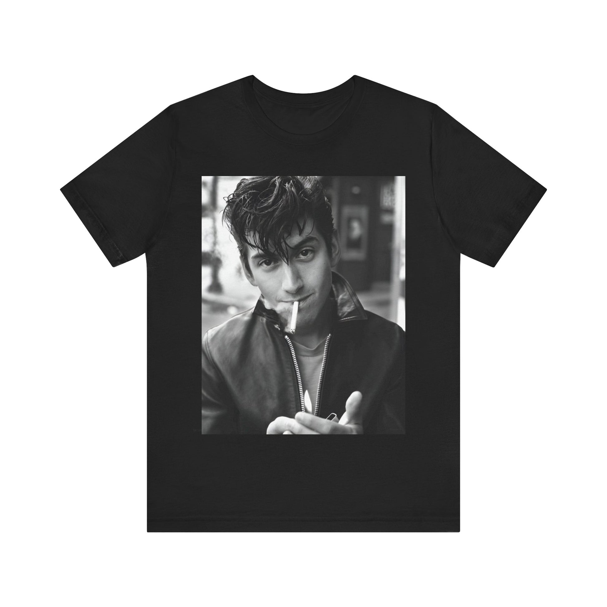 A black graphic t-shirt featuring a graphic of Alex Turner from Arctic Monkeys, in a rock star pose or setting.