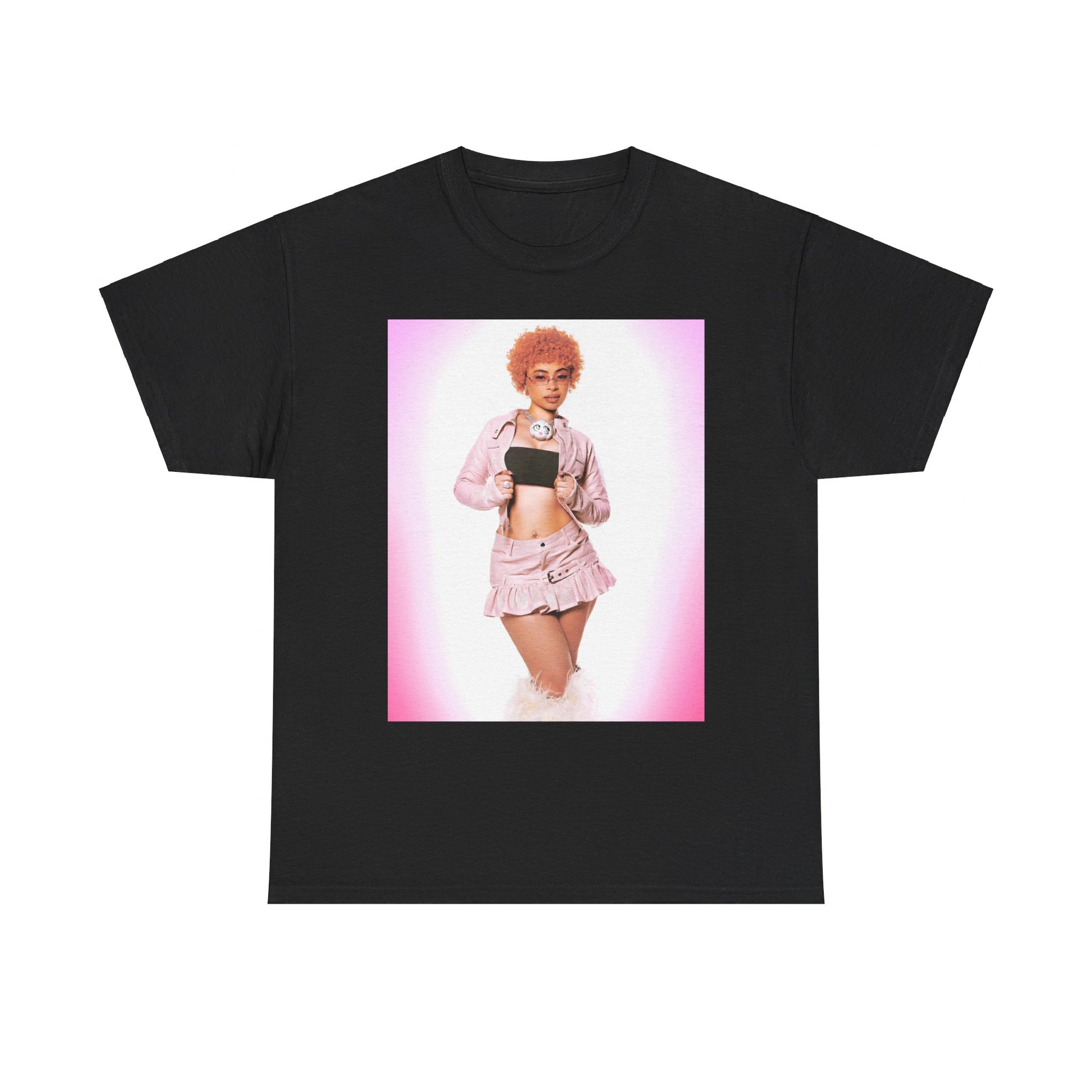 A black graphic t-shirt featuring a graphic of Ice Spice with prominent neon pink aesthetic elements.
