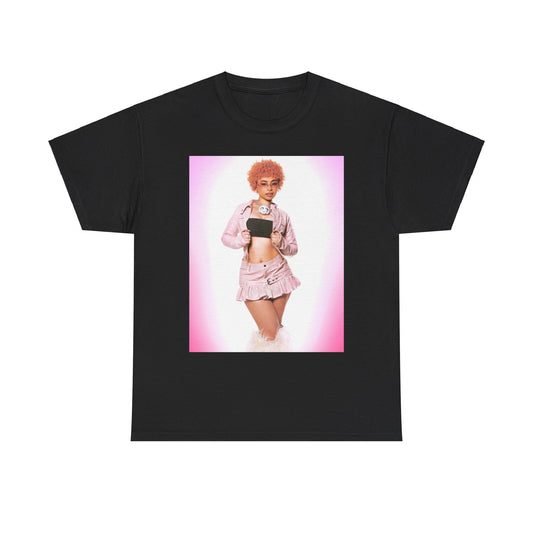 A black graphic t-shirt featuring a graphic of Ice Spice with prominent neon pink aesthetic elements.