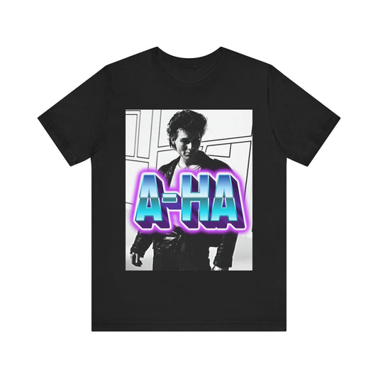 A black graphic t-shirt featuring a vintage 80s black and white photo of the band A-HA, capturing their iconic look.