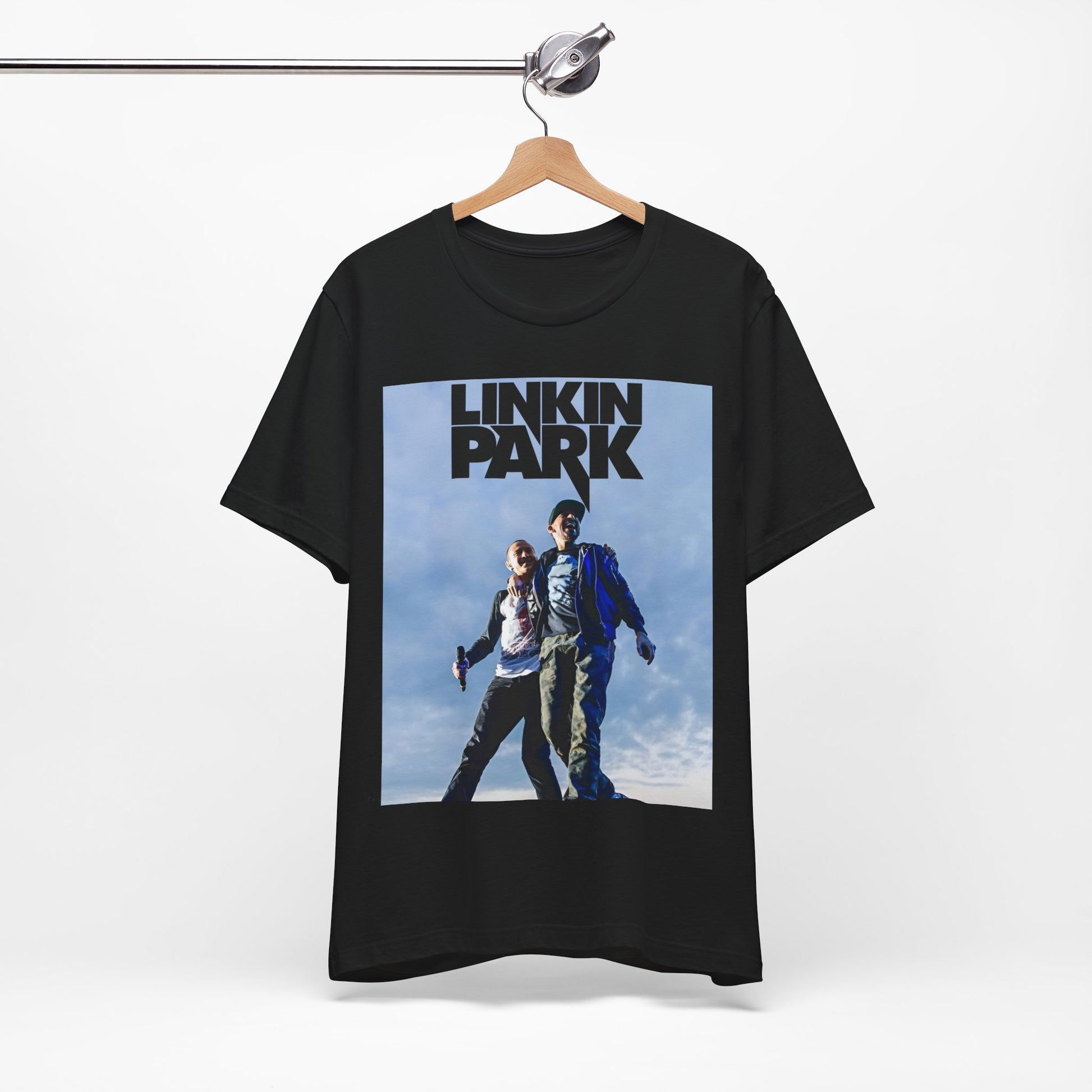 A black graphic t-shirt featuring a retro graphic related to Linkin Park's 'Hybrid Theory' album era.