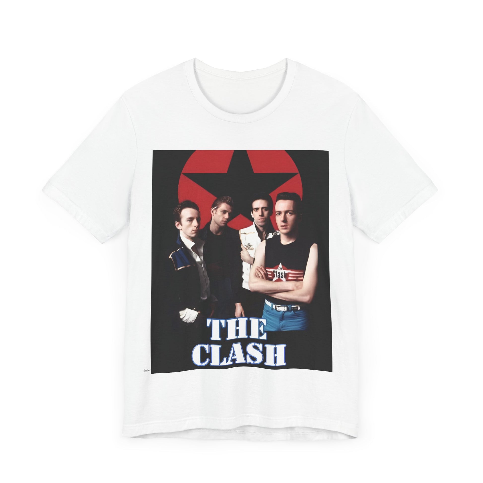 A black graphic t-shirt featuring a graphic related to The Clash's 'Should I Stay or Should I Go' song or era.
