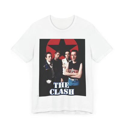 A black graphic t-shirt featuring a graphic related to The Clash's 'Should I Stay or Should I Go' song or era.