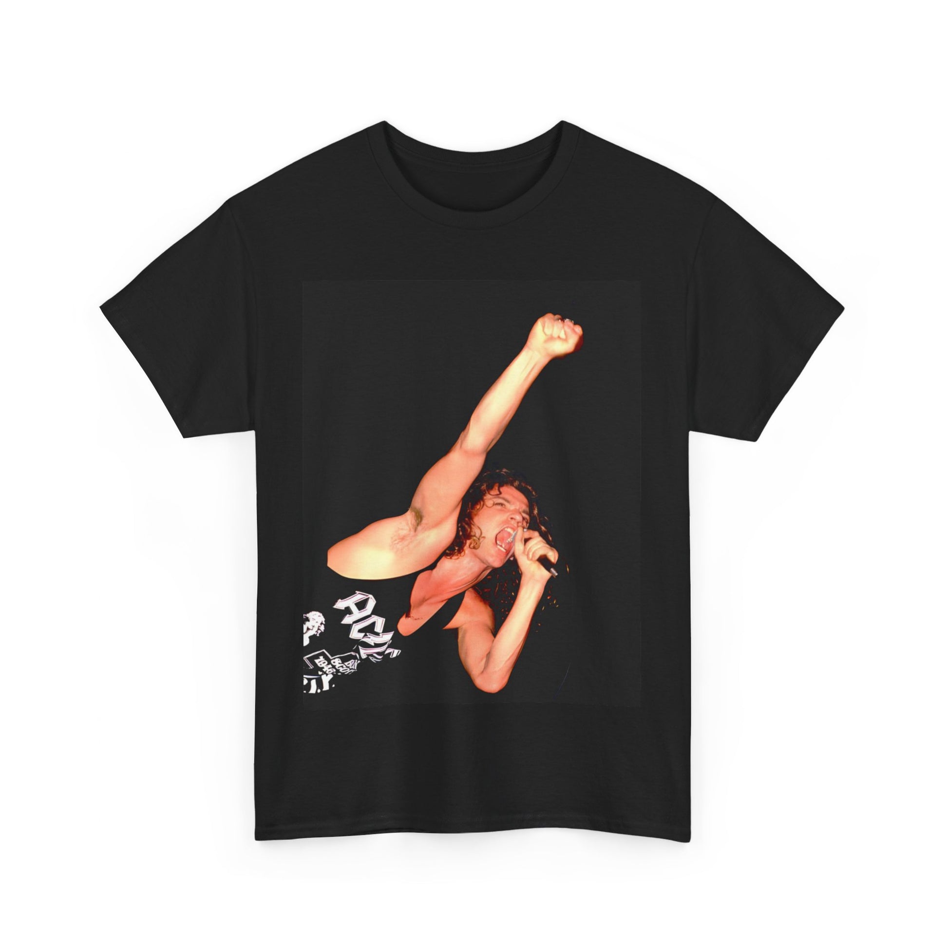 A black graphic t-shirt featuring a photo of Michael Hutchence from INXS performing live in concert.
