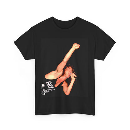 A black graphic t-shirt featuring a photo of Michael Hutchence from INXS performing live in concert.