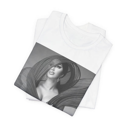 A black graphic t-shirt featuring a black and white graphic of Cardi B, emphasizing her 'Bronx Princess' or rap icon status.