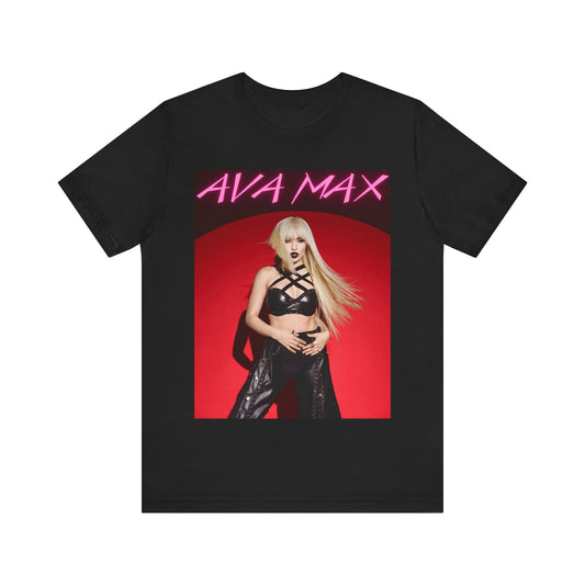 A black graphic t-shirt featuring a stylized graphic of Ava Max, emphasizing her status as a pop icon.