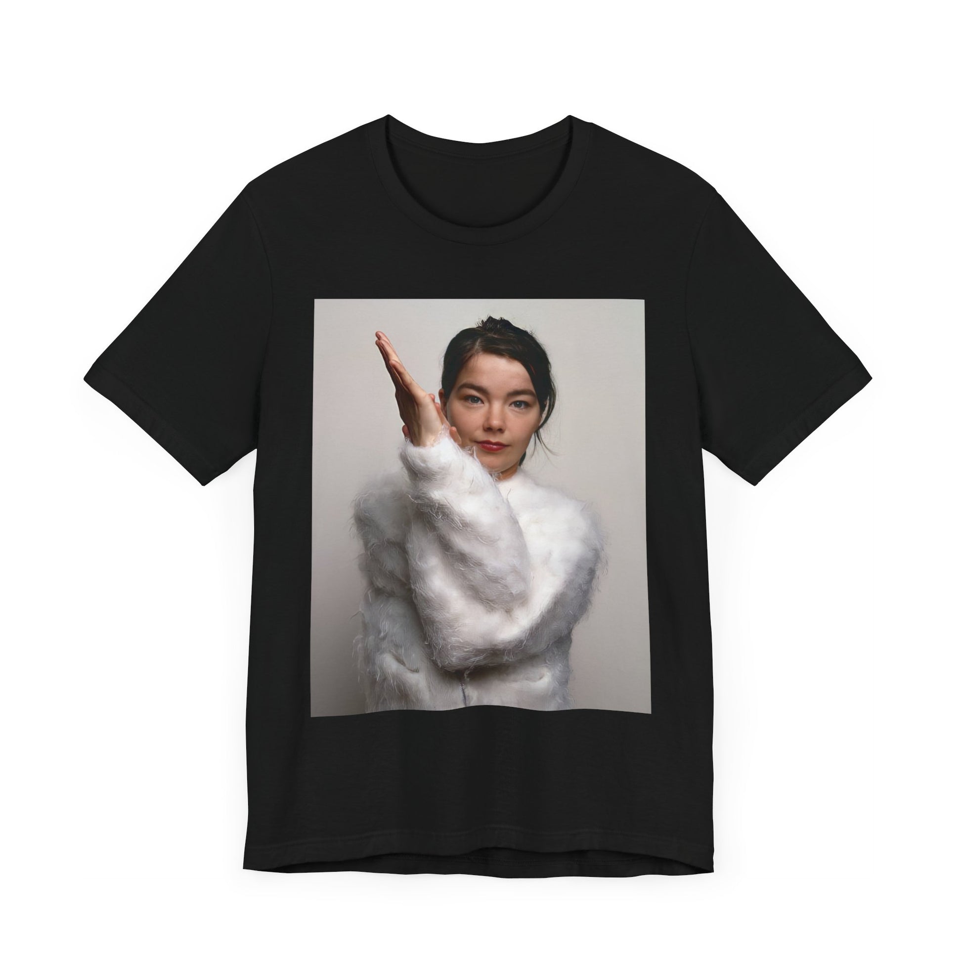A black graphic t-shirt featuring a classic indie music graphic of Bjork.