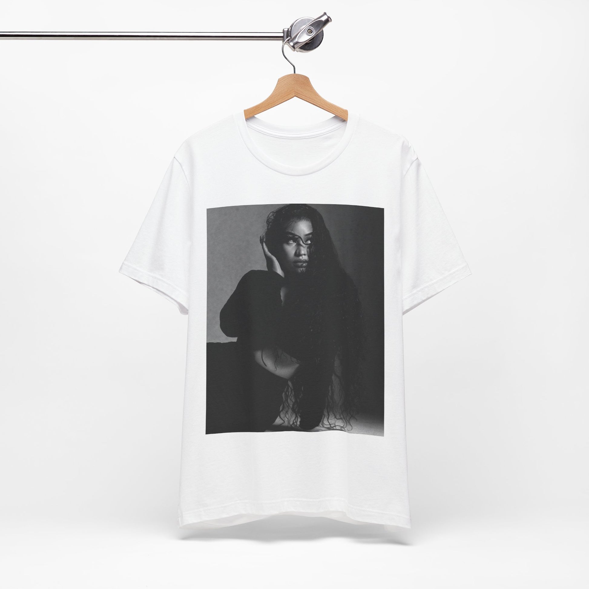 A black graphic t-shirt featuring a black and white graphic or photo of Nicki Minaj as a glamour queen.