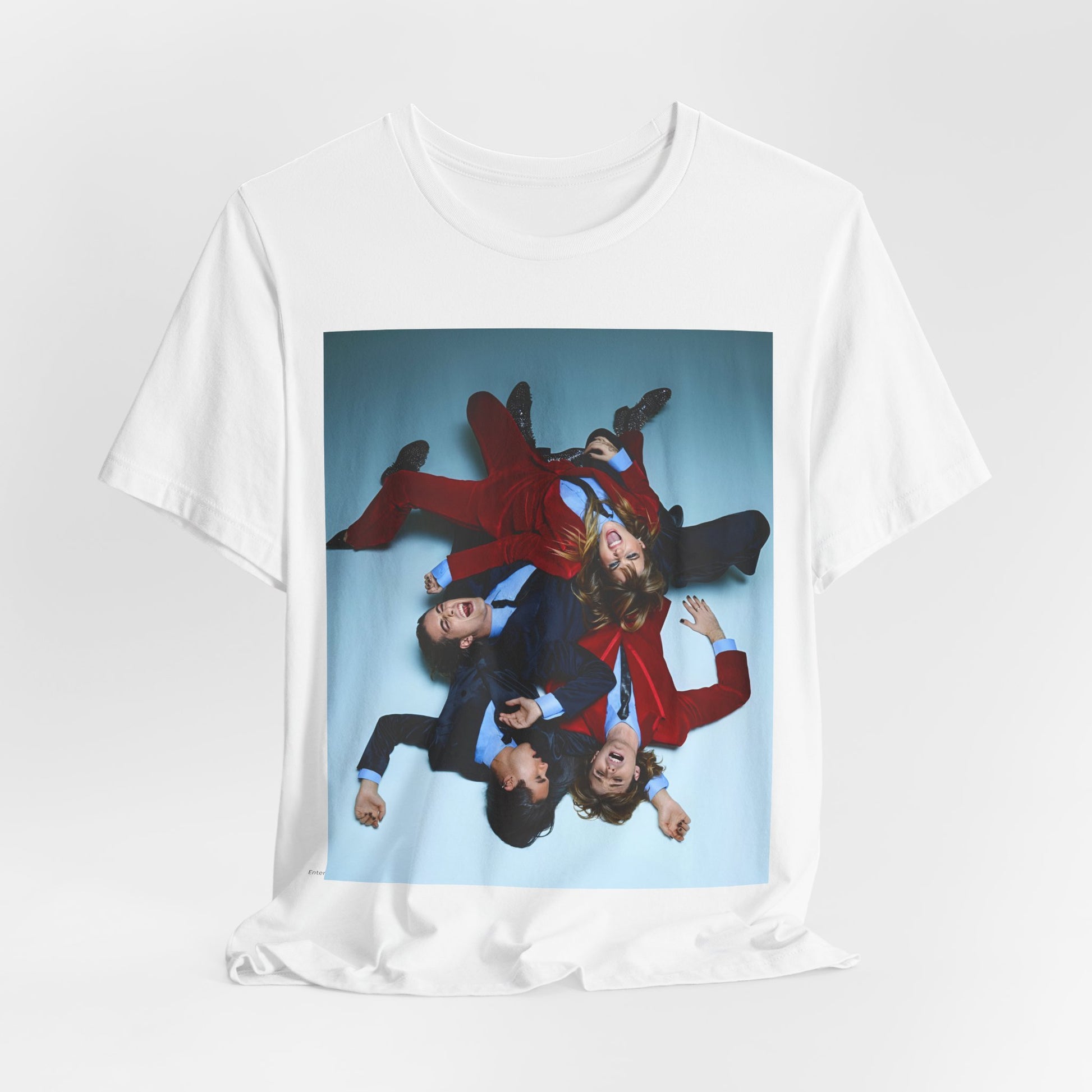 A black graphic t-shirt featuring a graphic of Maneskin in a 70s rock style aesthetic.