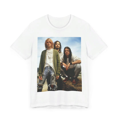A black graphic t-shirt featuring a bold graphic of Nirvana as grunge superstars.